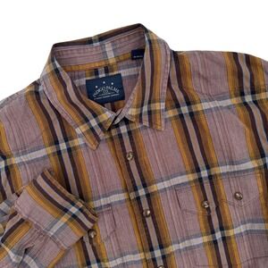 Indigo Palms Plaid Pearl Snap Sawtooth ‎ Button Up Shirt Mens L Brown Western